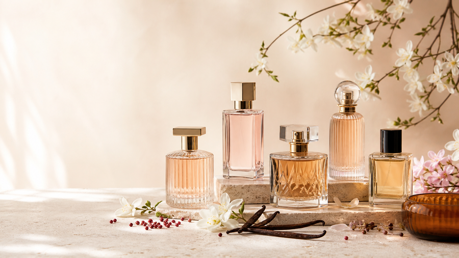 Elegant perfume bottles in P-Eleven's guide to buying perfume for less in the UK