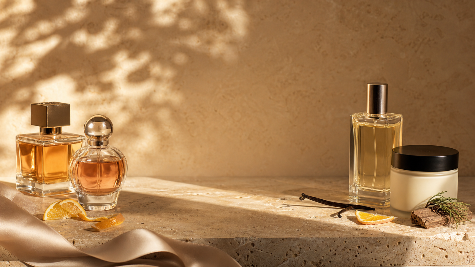 Luxury perfume bottles, lotion and fragrance notes arranged for a perfume longevity guide