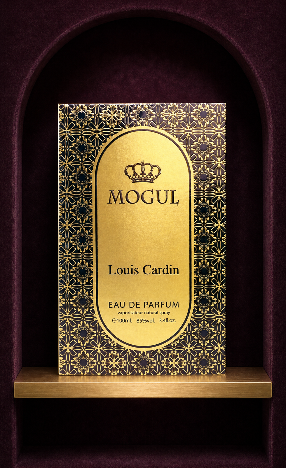 Louis Cardin Mogul Eau de Parfum 100ml box in an aubergine alcove lifestyle scene