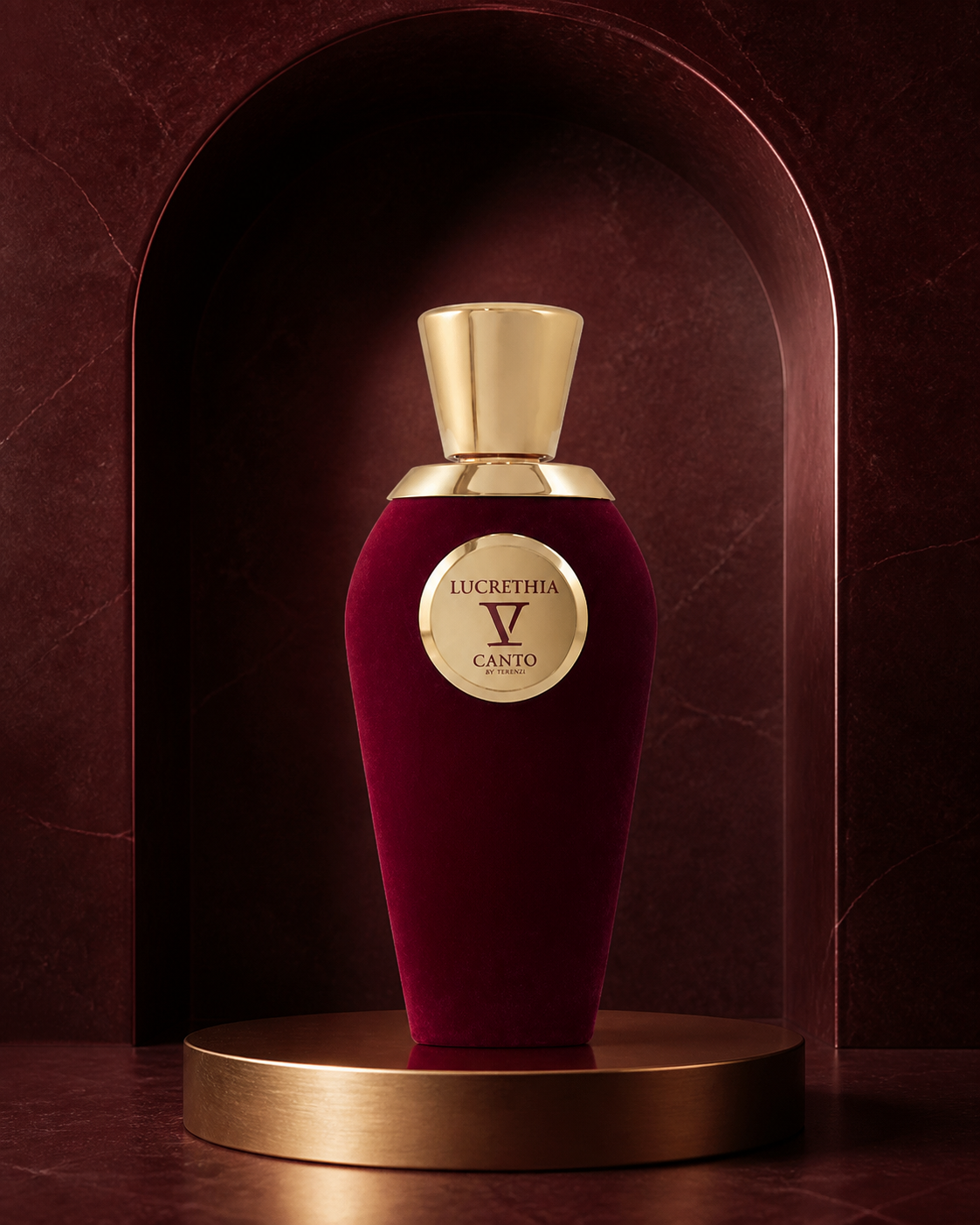V Canto Lucrethia Extrait de Parfum 100ml bottle in a burgundy alcove lifestyle scene