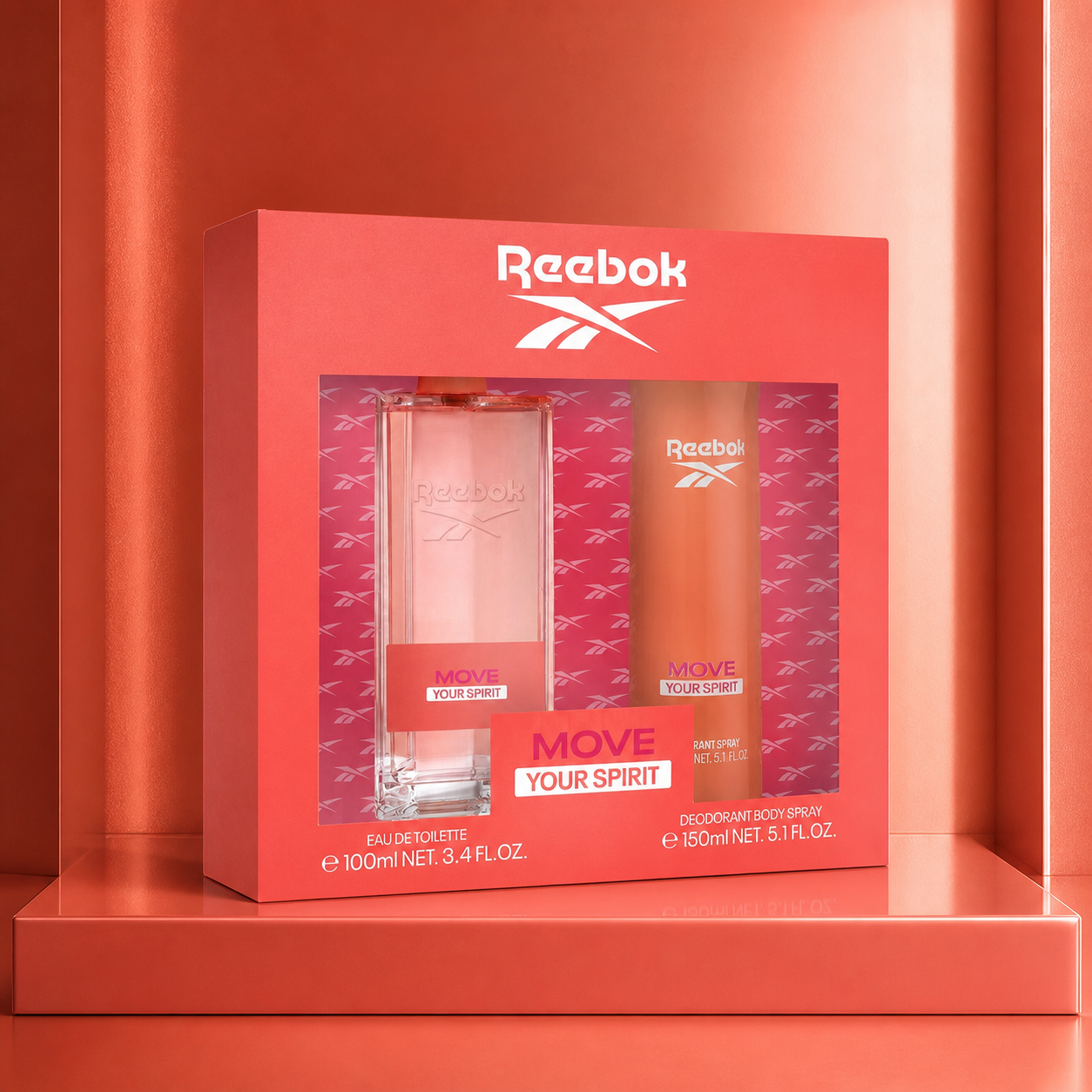 Reebok Move Your Spirit Women EDT 100ml and body spray 150ml gift set in a coral alcove lifestyle scene
