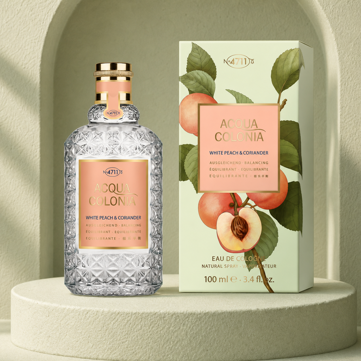 4711 Acqua Colonia White Peach and Coriander Eau de Cologne 100ml bottle and box in a sage alcove
