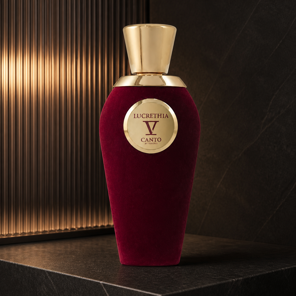 V Canto Lucrethia Extrait de Parfum 100ml bottle on charcoal stone with ribbed glass