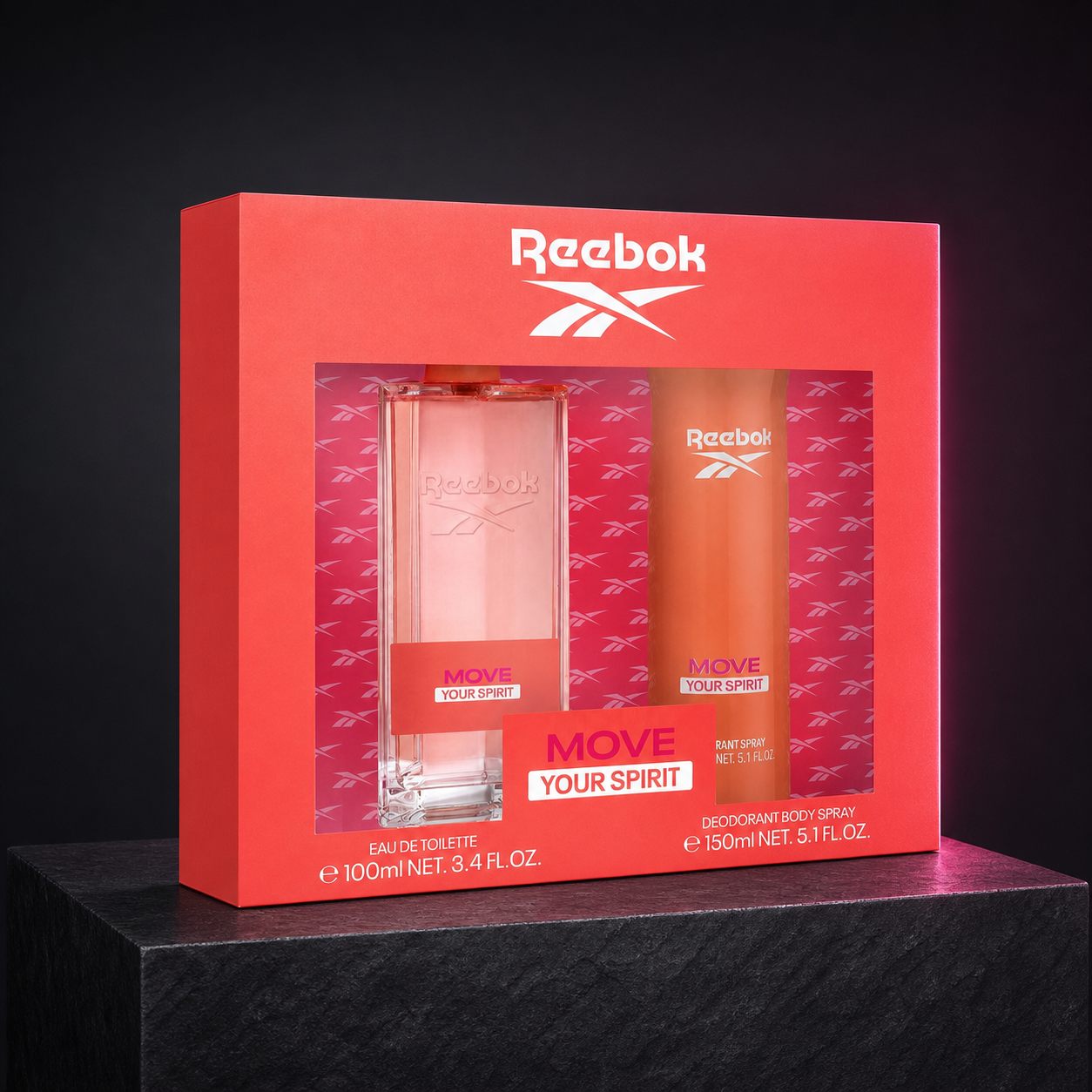 Reebok Move Your Spirit Women EDT 100ml and body spray 150ml gift set on graphite stone with magenta light