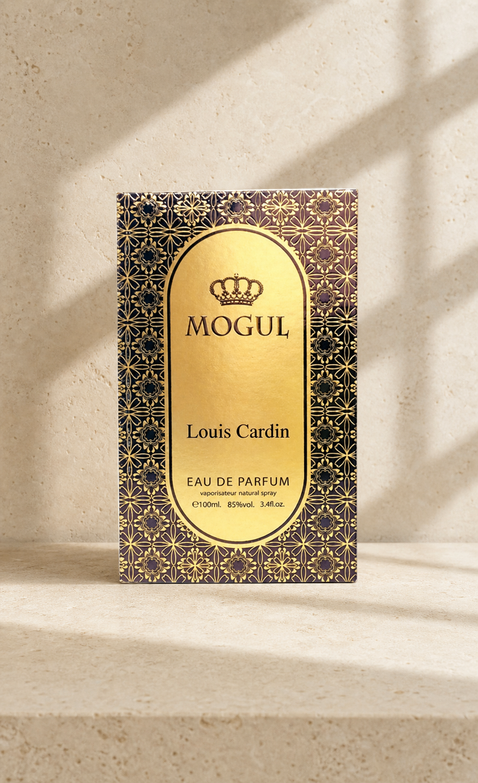Louis Cardin Mogul Eau de Parfum 100ml box in a sunlit travertine setting