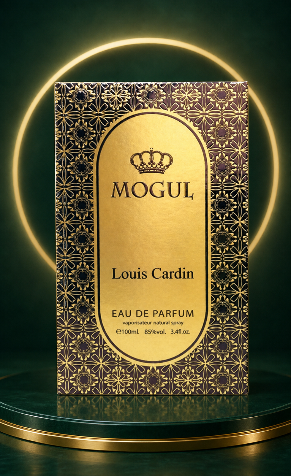 Louis Cardin Mogul Eau de Parfum 100ml box in an emerald halo lifestyle scene
