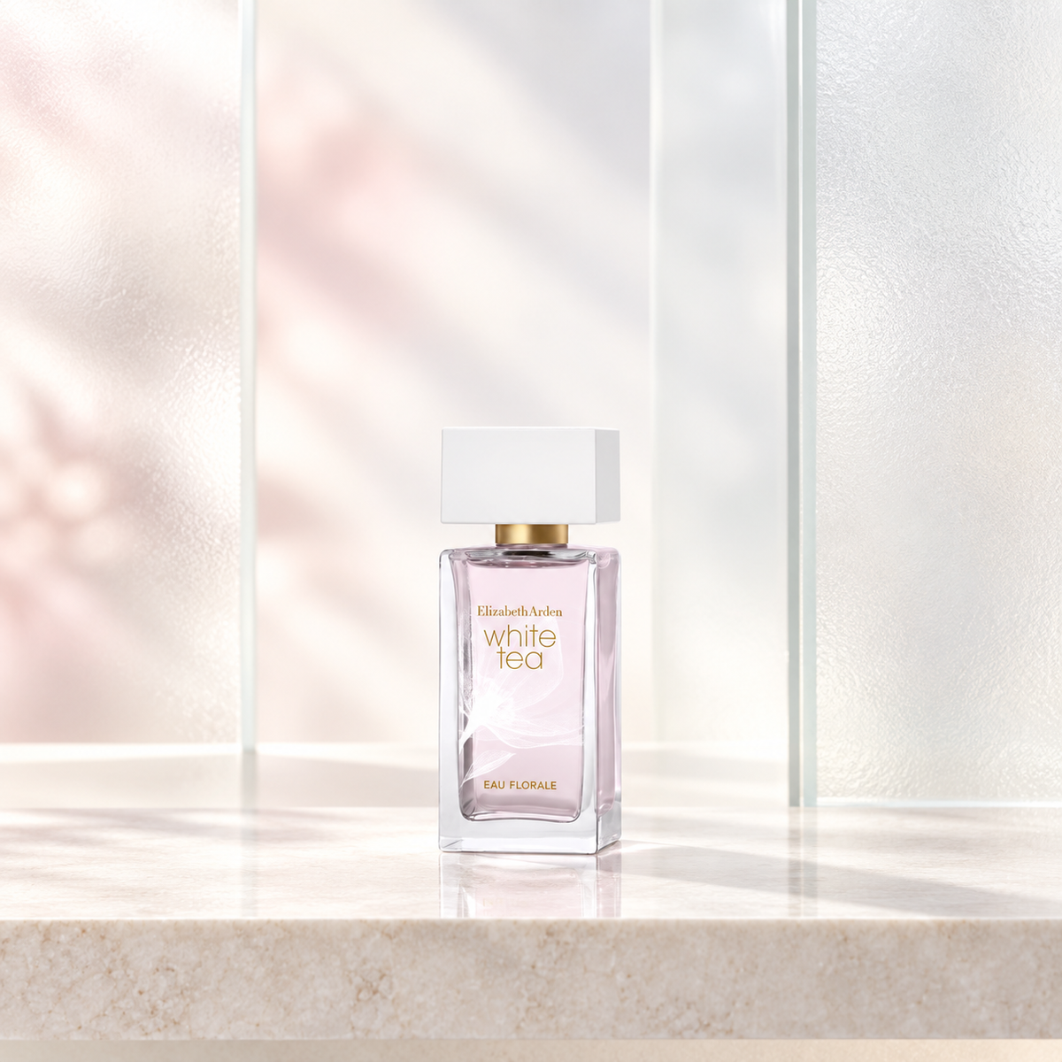 Elizabeth Arden White Tea Eau Florale Eau de Toilette 50ml bottle in a frosted-glass gallery