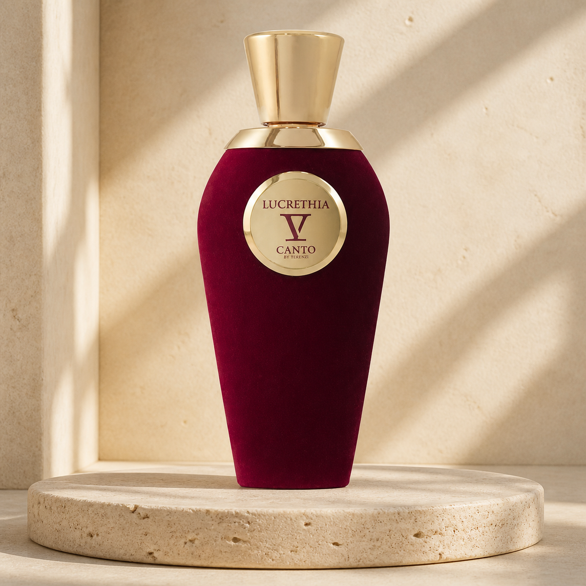V Canto Lucrethia Extrait de Parfum 100ml bottle on a travertine pedestal