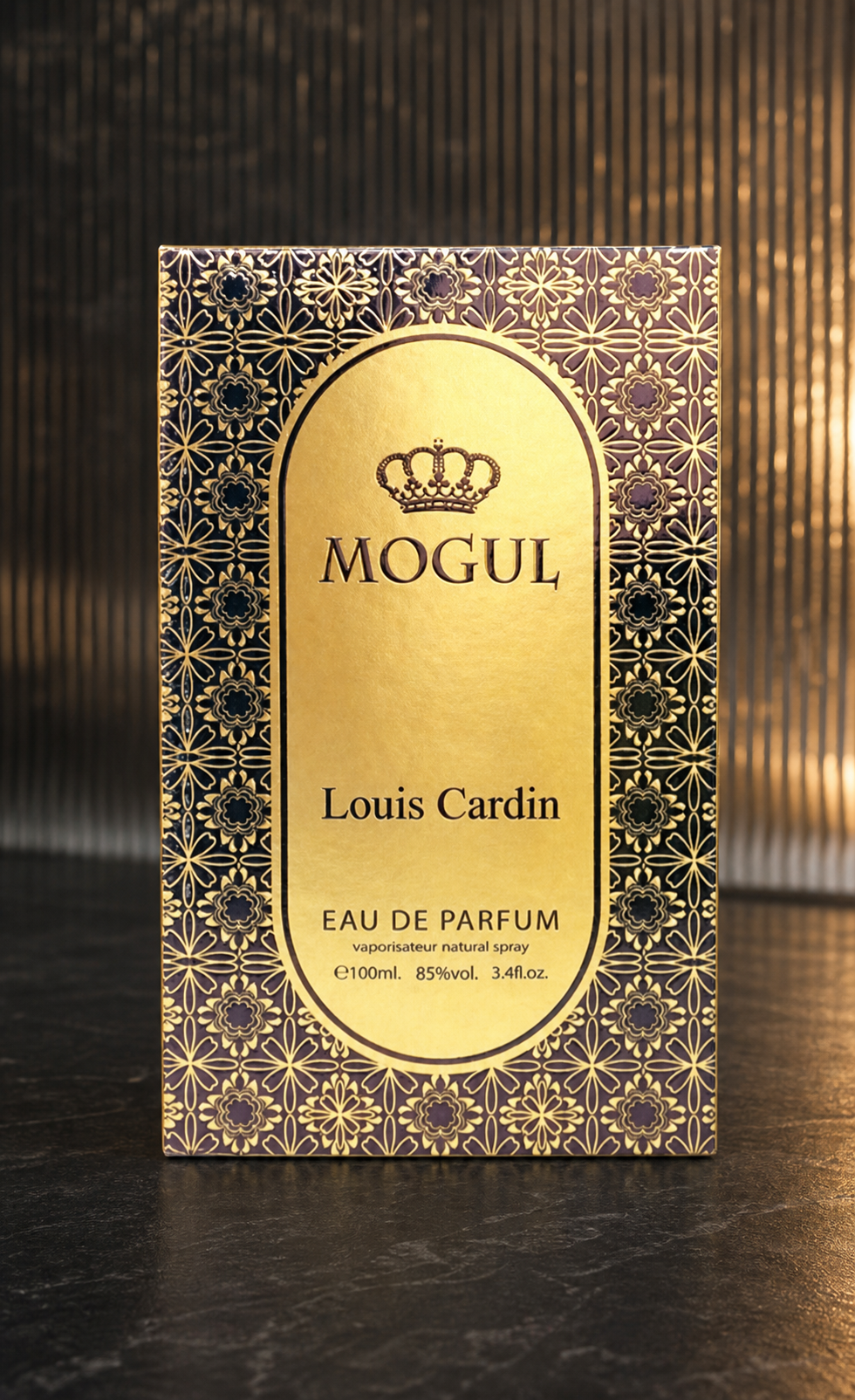 Louis Cardin Mogul Eau de Parfum 100ml box on charcoal stone with ribbed glass