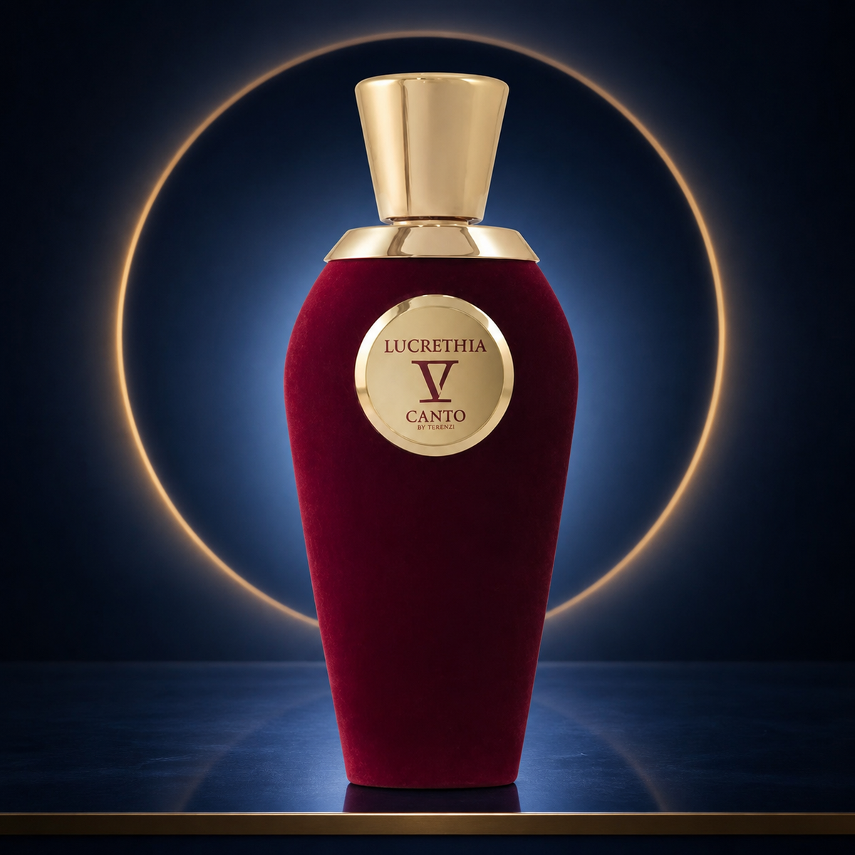 V Canto Lucrethia Extrait de Parfum 100ml bottle in a midnight blue halo scene