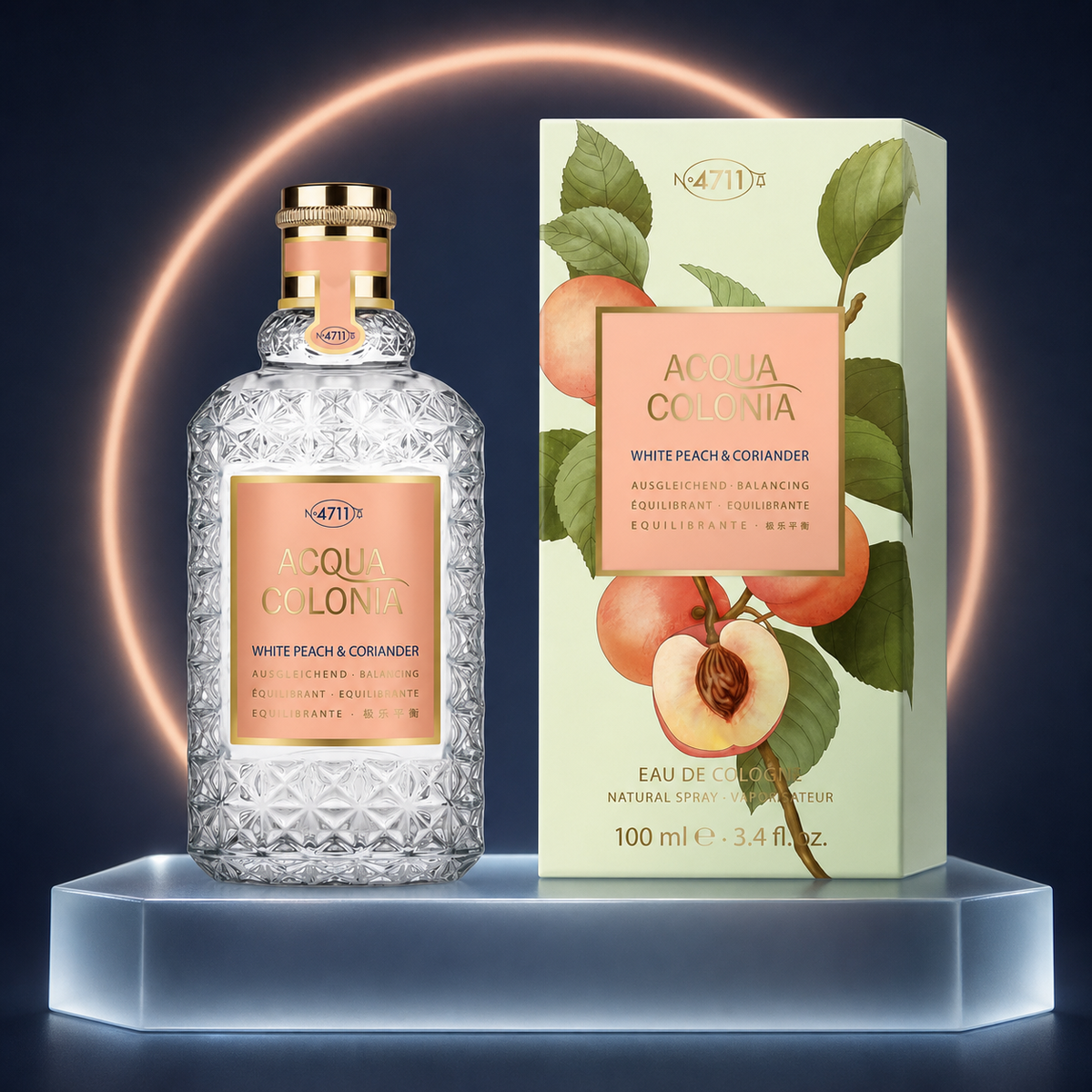 4711 Acqua Colonia White Peach and Coriander Eau de Cologne 100ml bottle and box on frosted glass