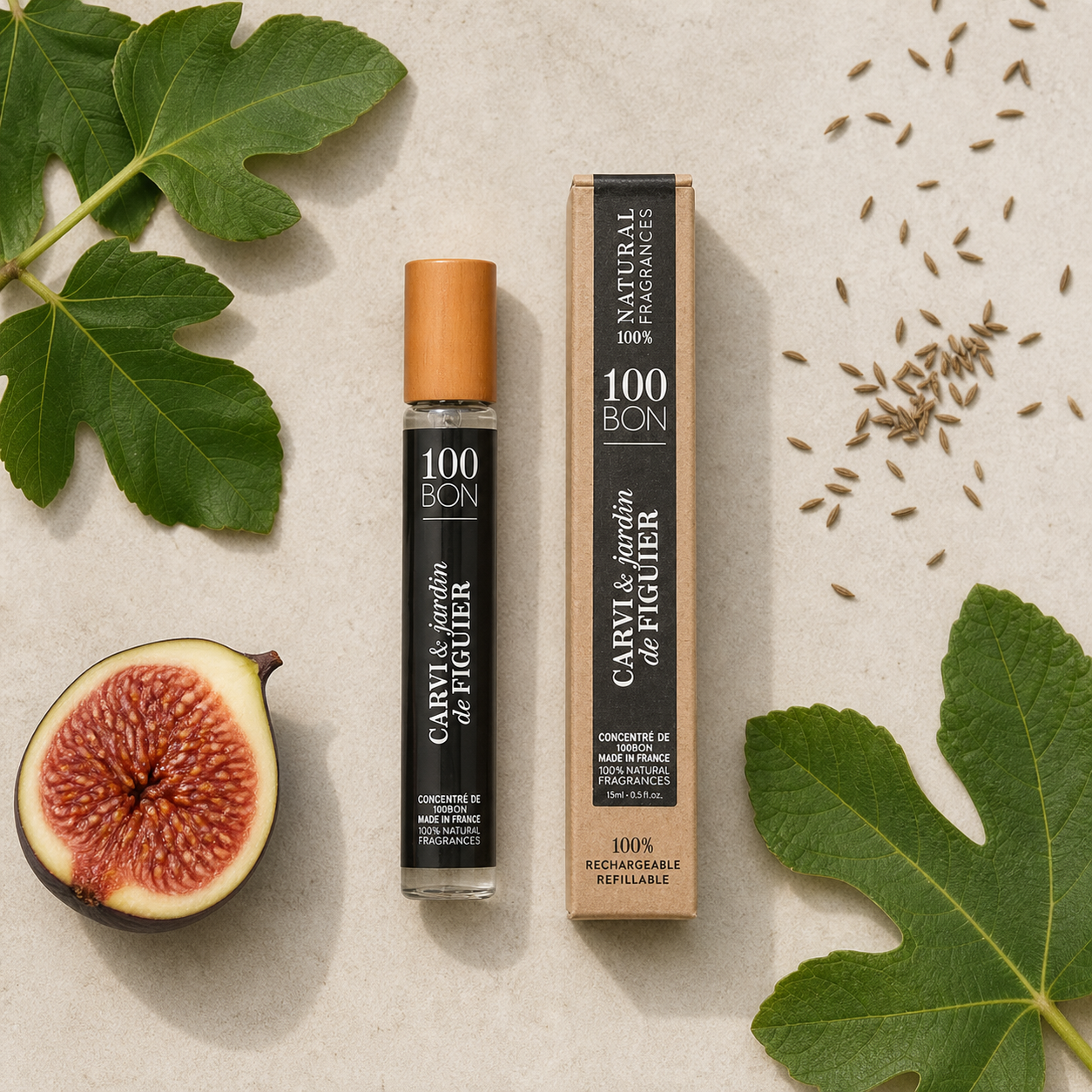 100BON Carvi & Jardin de Figuier 15ml botanical flat lay