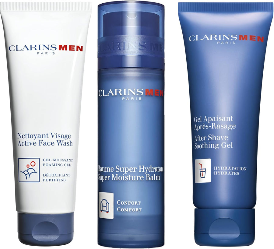 Clarins Men Gift Set: Super Moisture Gel 50ml + Deodorant Roll On 50ml + Shampoo and Shower Gel 30ml + Active Face Wash 30ml