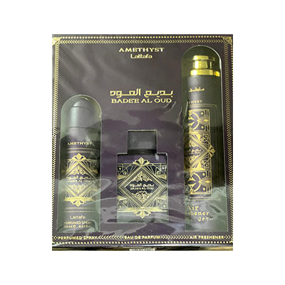 Lattafa Perfumes Bade'e Al Oud Amethyst Gift Set 100ml EDP + 200ml Body Spray + 50ml Hair Mist