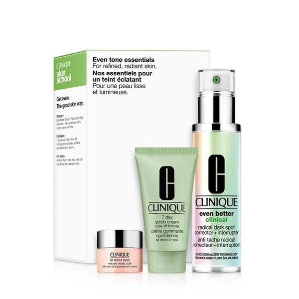 Clinique Even Tone Essentials Gift Set 50ml Even Better Clinical Radical Dark Spot Corrector + Interrupter + 30ml 7 Day Scrub Cream + 5ml All About Eyes