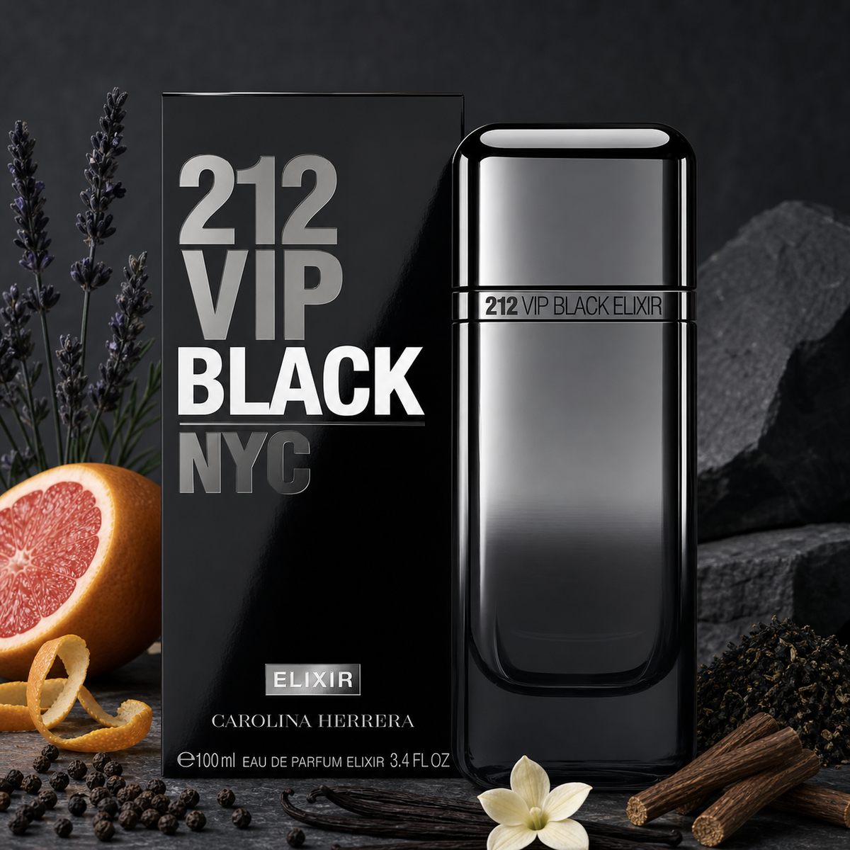Carolina Herrera 212 VIP Black Elixir Eau de Parfum 100ml fragrance notes still life