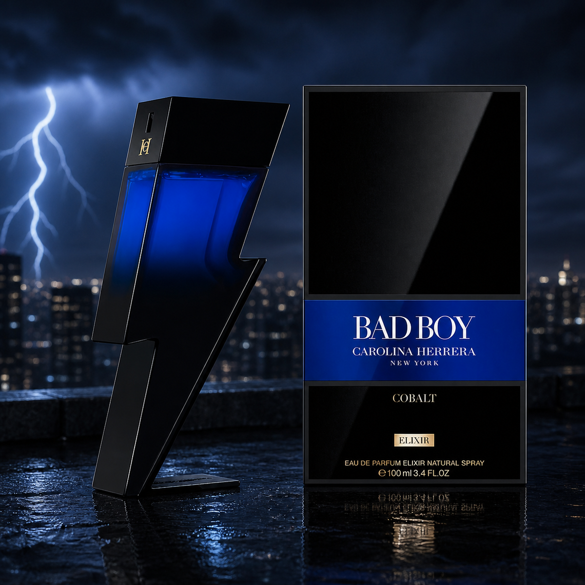 Carolina Herrera Bad Boy Cobalt Elixir Eau de Parfum 100ml storm rooftop lifestyle image