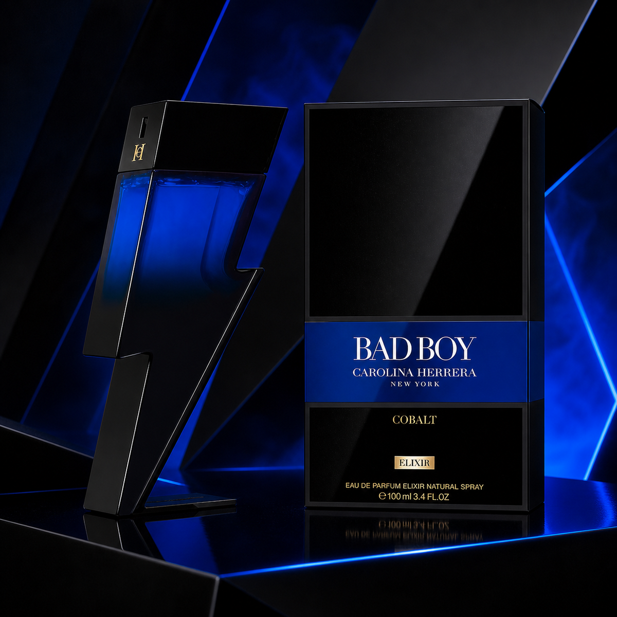 Carolina Herrera Bad Boy Cobalt Elixir Eau de Parfum 100ml electric blue campaign image