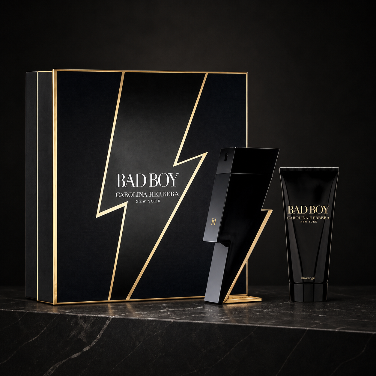 Carolina Herrera Bad Boy 100ml Eau de Toilette and 100ml shower gel gift set studio image