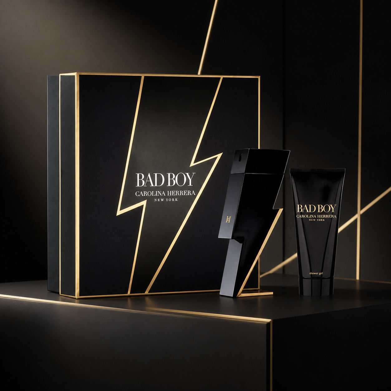 Carolina Herrera Bad Boy 100ml Eau de Toilette and 100ml shower gel architectural campaign image