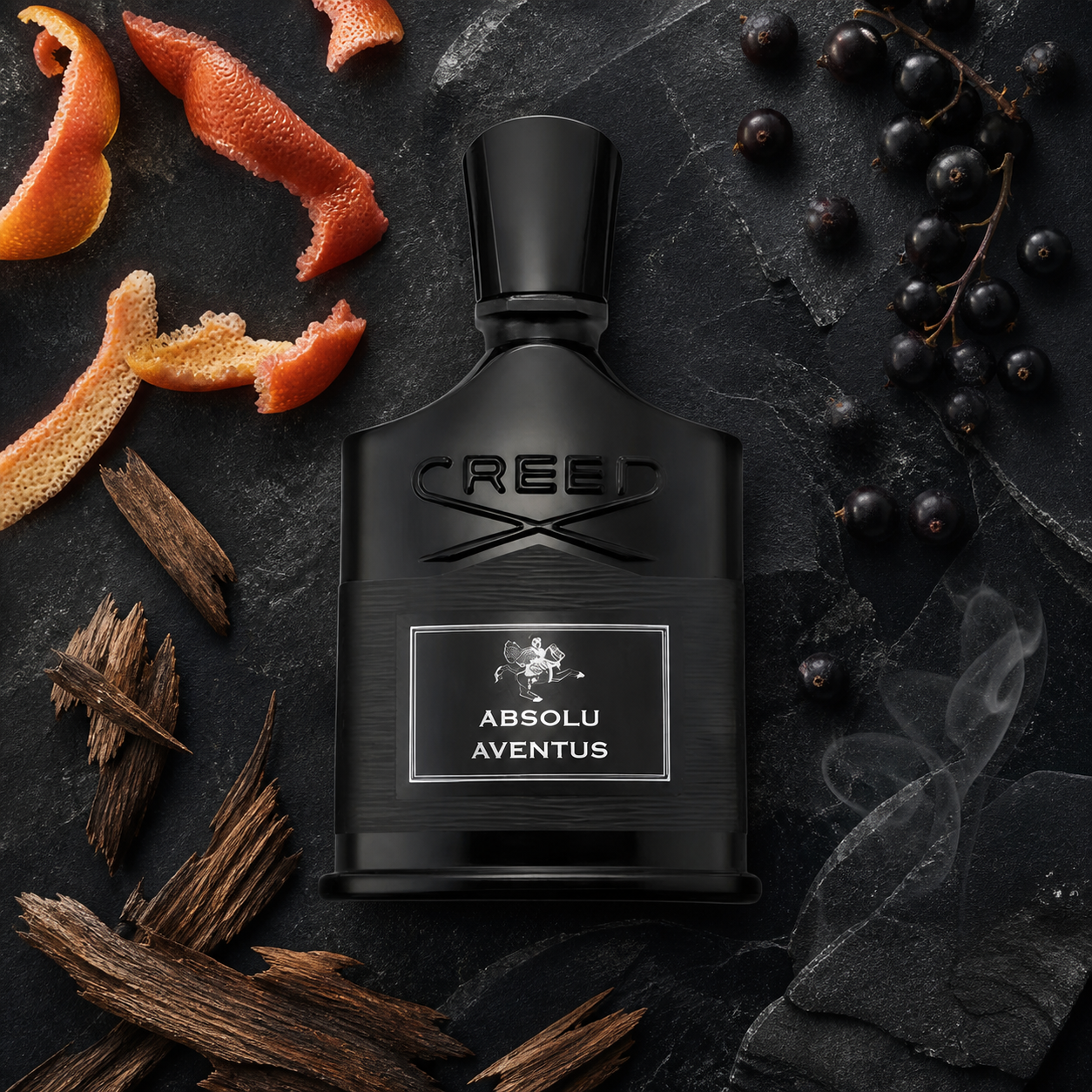 Creed Absolu Aventus 100ml ingredient flat lay
