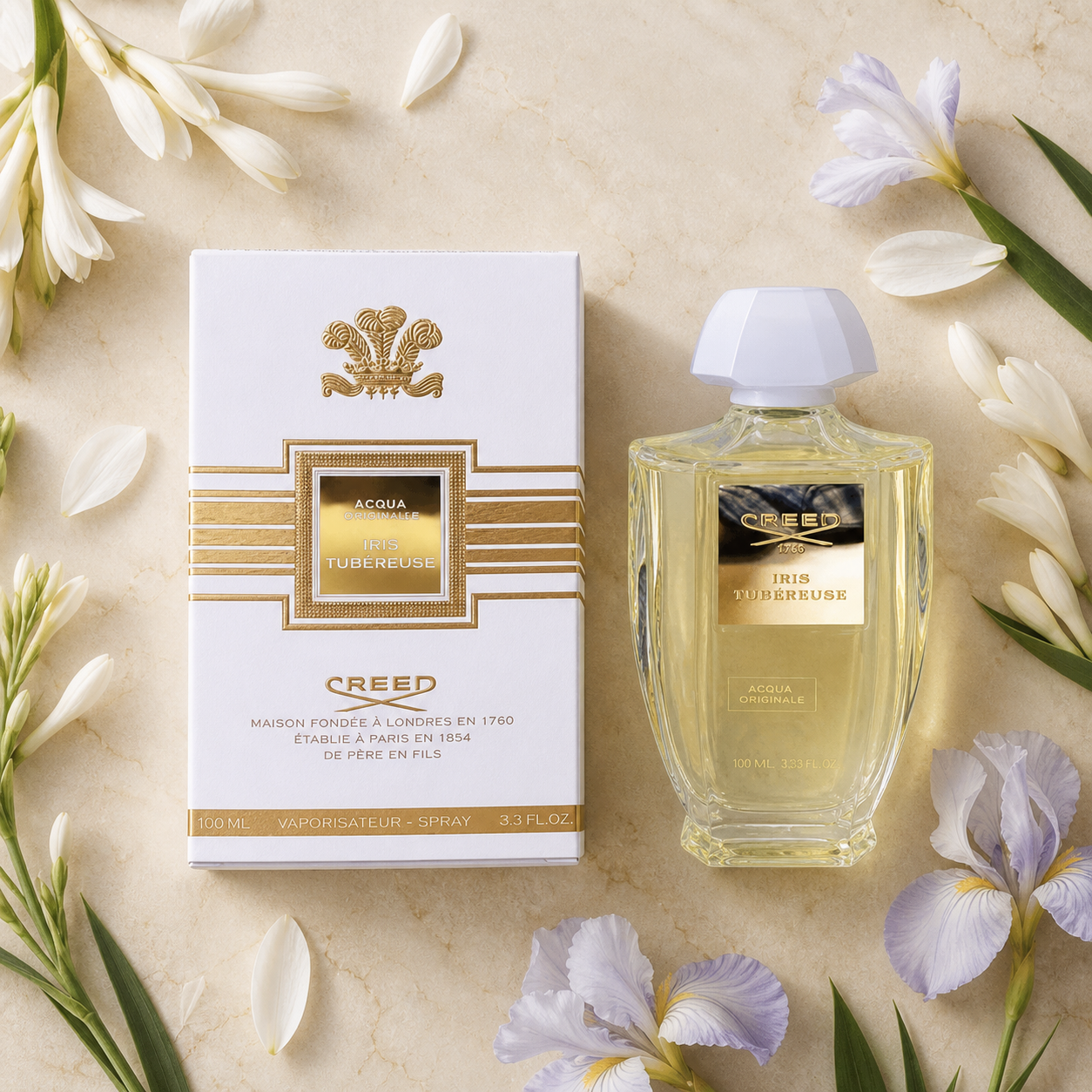Creed Iris Tubéreuse 100ml botanical flat lay