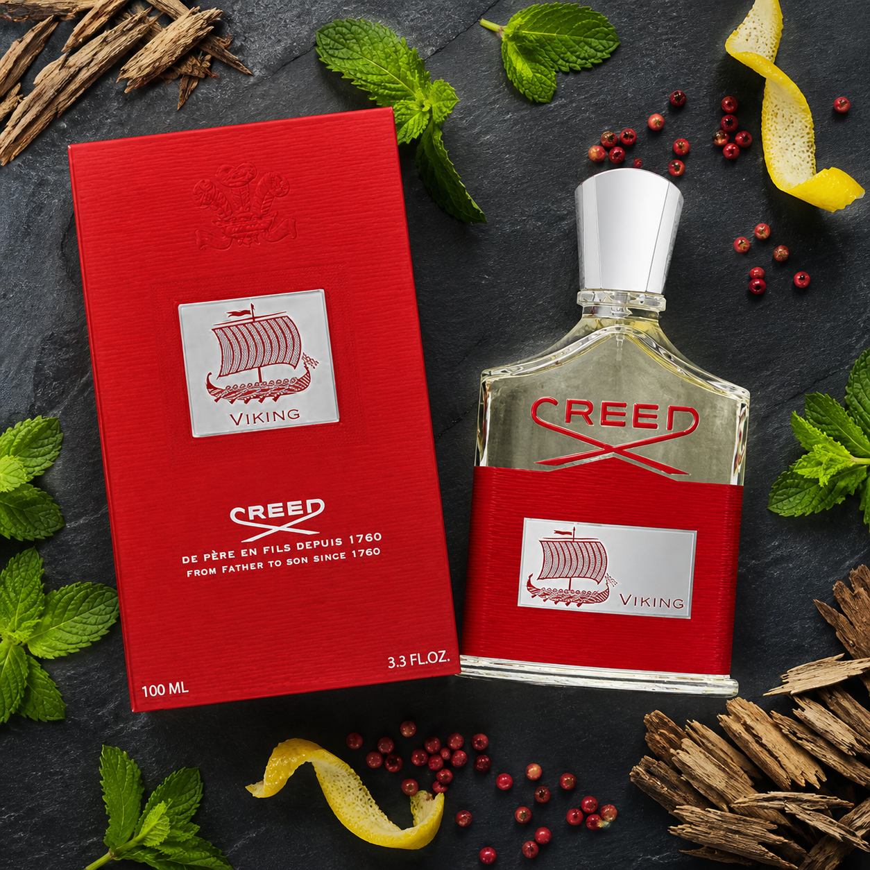 Creed Viking 100ml ingredient flat lay