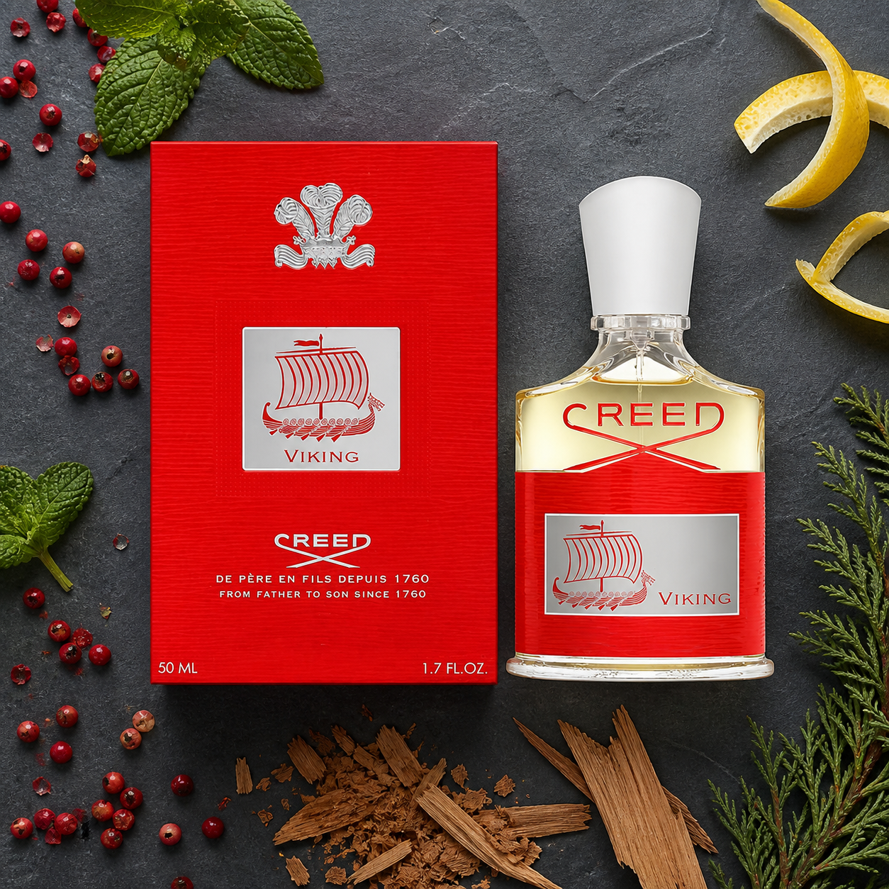 Creed Viking 50ml ingredient flat lay