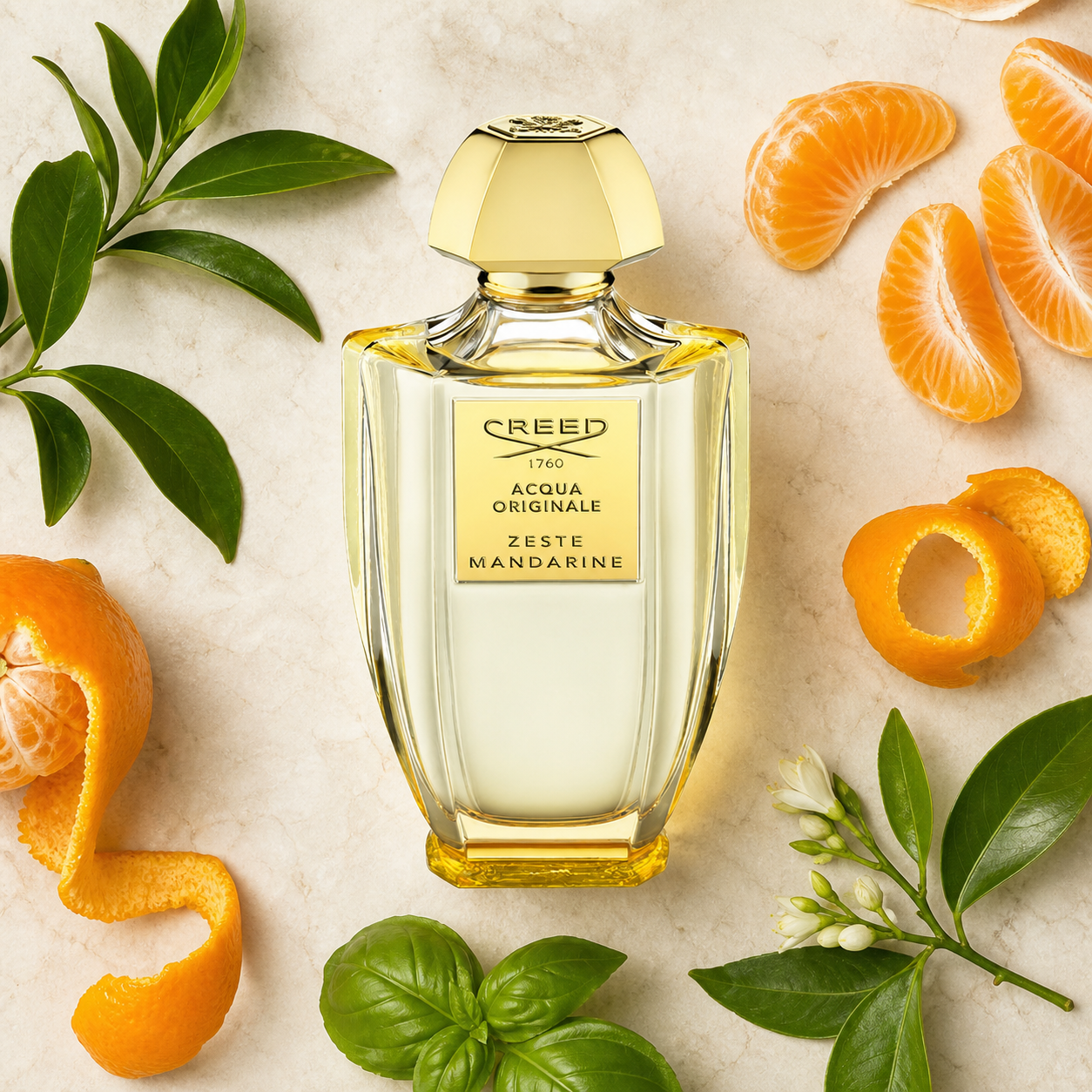 Creed Zeste Mandarine 100ml ingredient flat lay