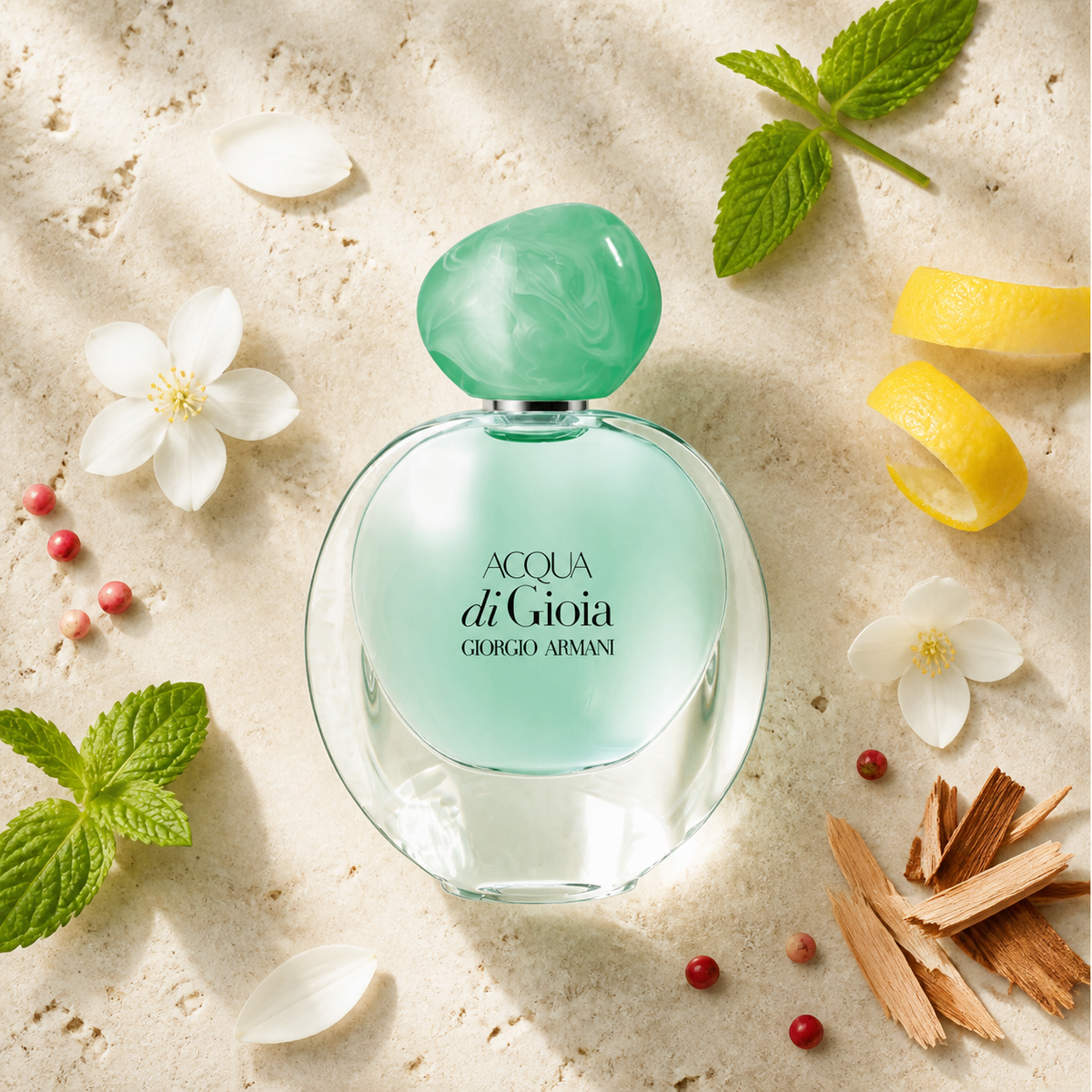 Giorgio Armani Acqua di Gioia Eau de Parfum 30ml ingredient flat lay image