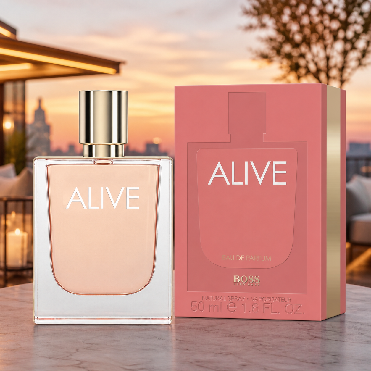 Hugo Boss Alive Eau de Parfum 50ml sunset terrace lifestyle image