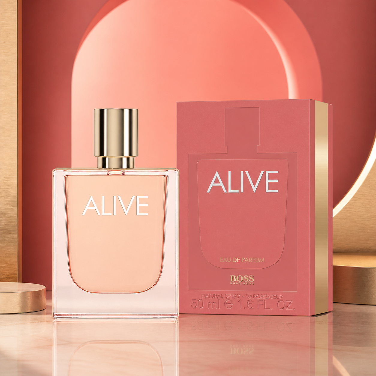 Hugo Boss Alive Eau de Parfum 50ml coral gold campaign image