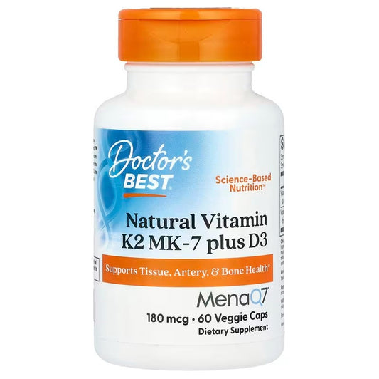 Natural Vitamin K2 MK7 with MenaQ7 plus D3, 180mcg - 60 vcaps
