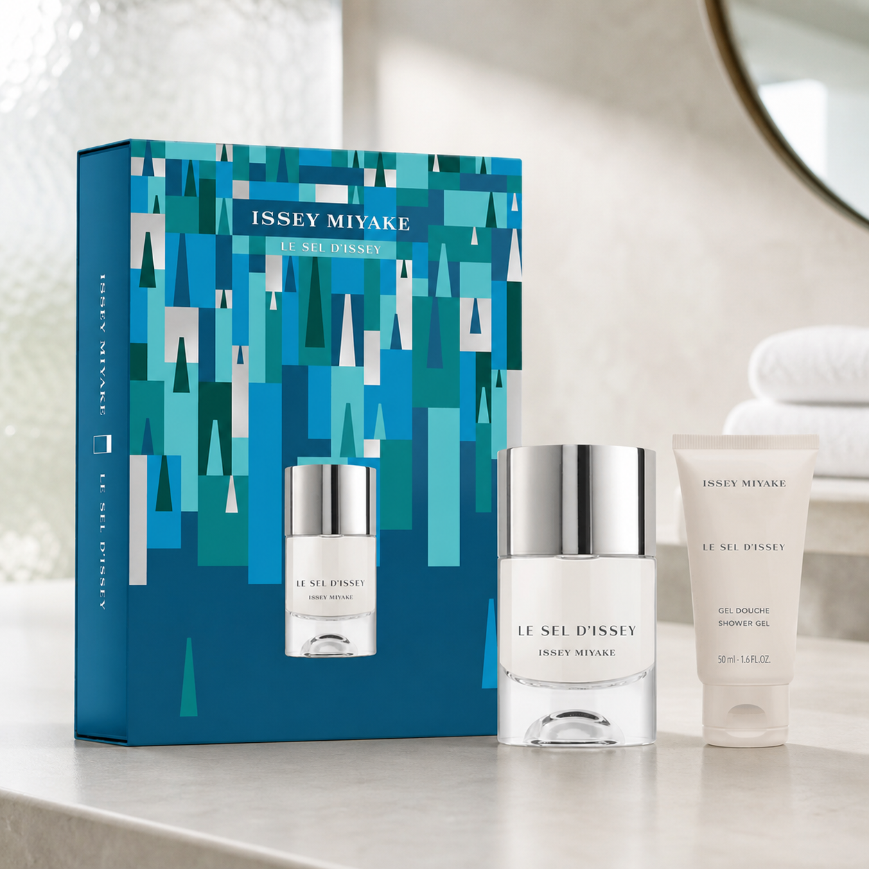 Issey Miyake Le Sel d'Issey 50ml Eau de Toilette and 50ml shower gel bathroom lifestyle image