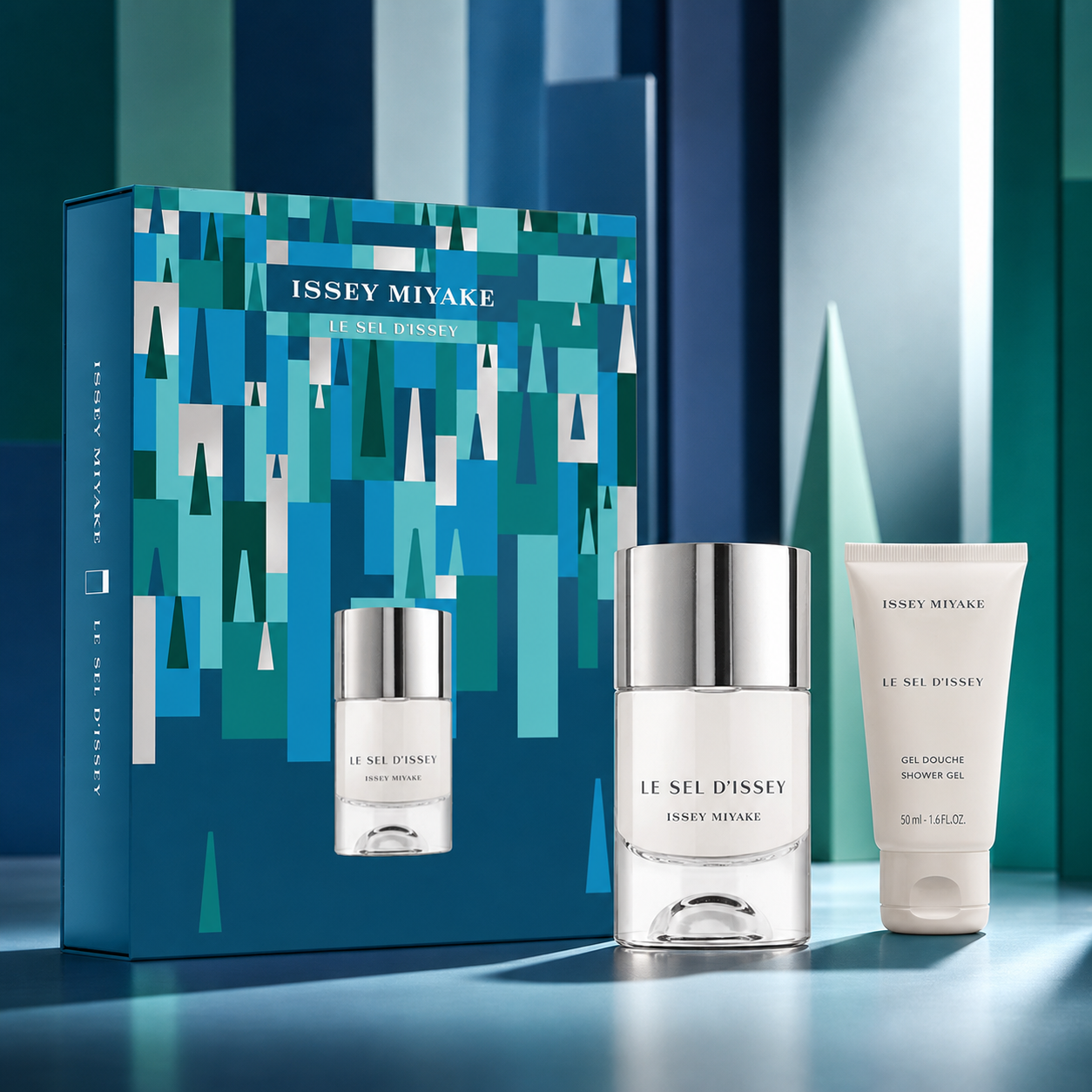 Issey Miyake Le Sel d'Issey 50ml Eau de Toilette and 50ml shower gel architectural campaign image