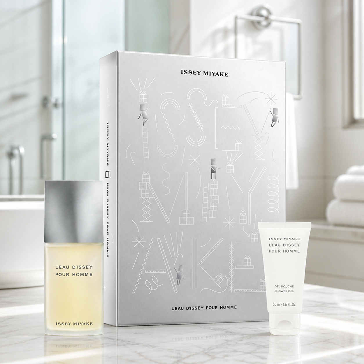 Issey Miyake L'Eau d'Issey Pour Homme 75ml EDT and 50ml shower gel bathroom lifestyle image