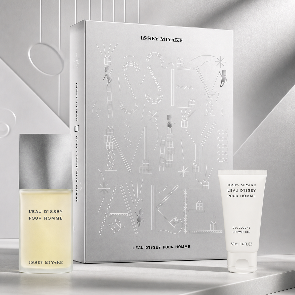 Issey Miyake L'Eau d'Issey Pour Homme 75ml EDT and 50ml shower gel architectural campaign image