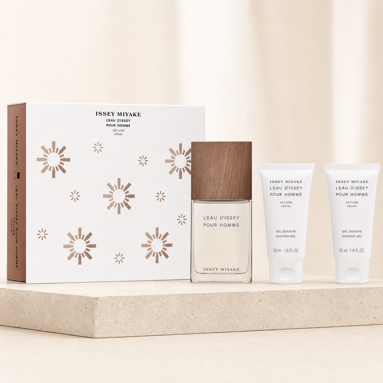Issey Miyake L'Eau d'Issey Pour Homme Vétiver 50ml EDT and two 50ml shower gels gift set studio image