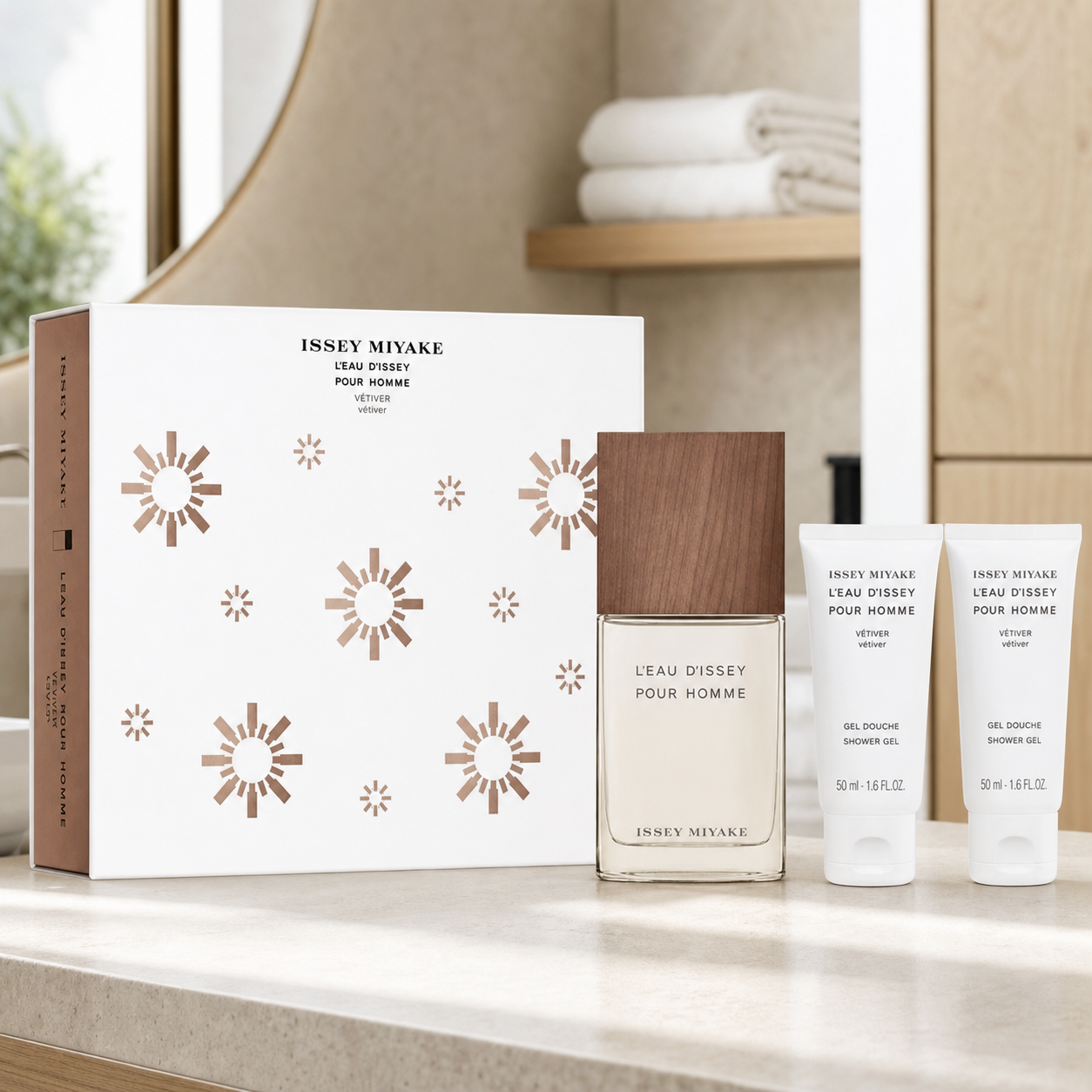 Issey Miyake L'Eau d'Issey Pour Homme Vétiver 50ml EDT and two 50ml shower gels bathroom lifestyle image