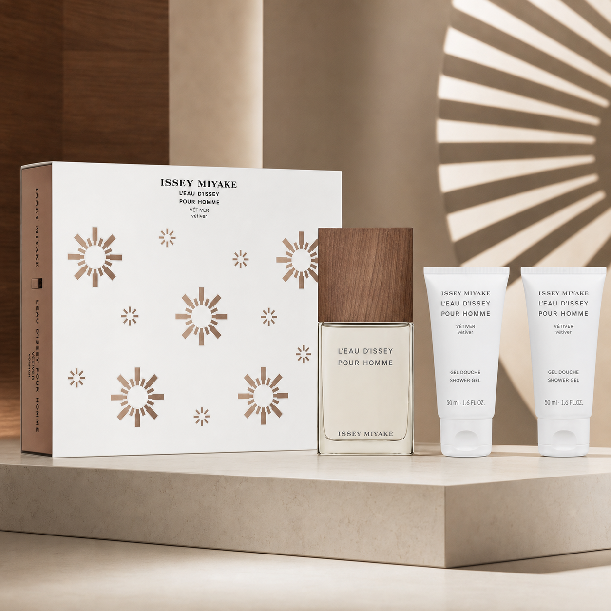 Issey Miyake L'Eau d'Issey Pour Homme Vétiver 50ml EDT and two 50ml shower gels architectural campaign image