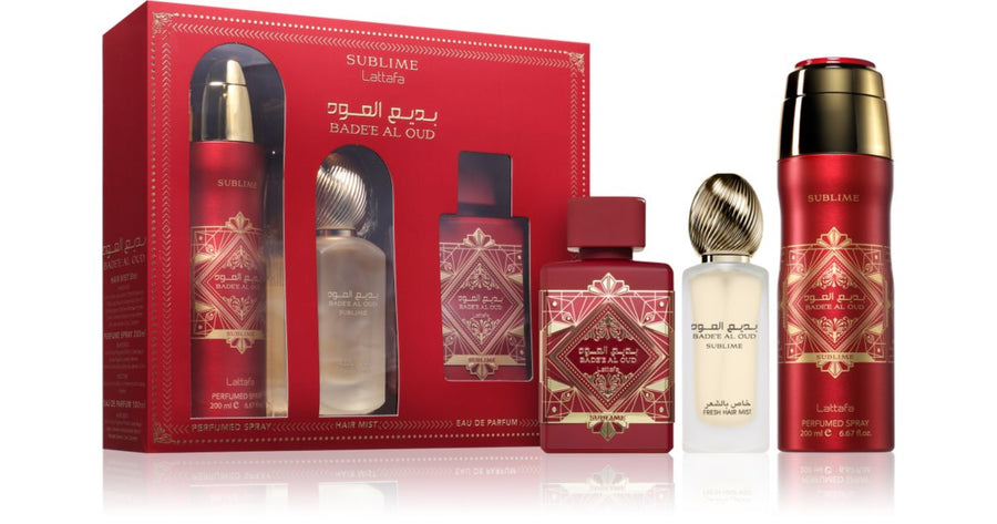 Lattafa Perfumes Bade'e Al Oud Sublime Gift Set 100ml EDP + 200ml Perfumed Body Spray + 300ml Air Freshener