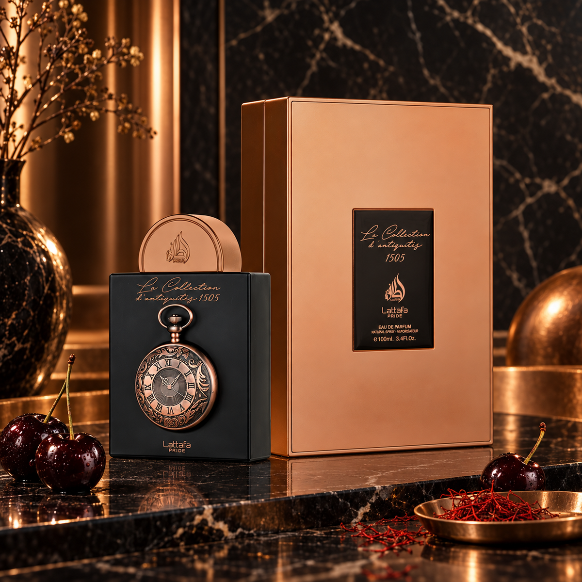 Lattafa Pride La Collection d'Antiquités 1505 Eau de Parfum 100ml bottle and box on black marble with black cherries and saffron