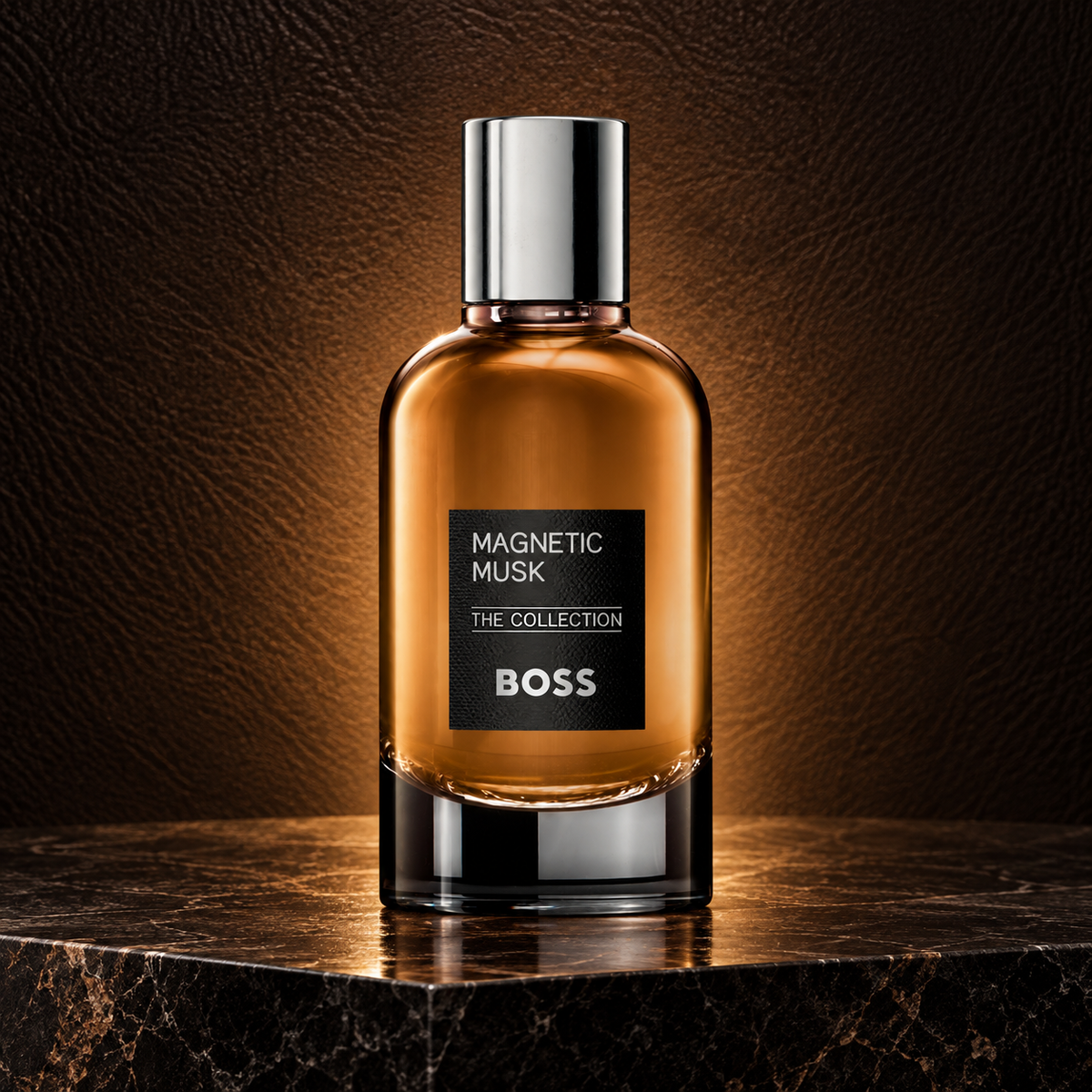 BOSS The Collection Magnetic Musk Eau de Parfum 100ml bottle on espresso leather