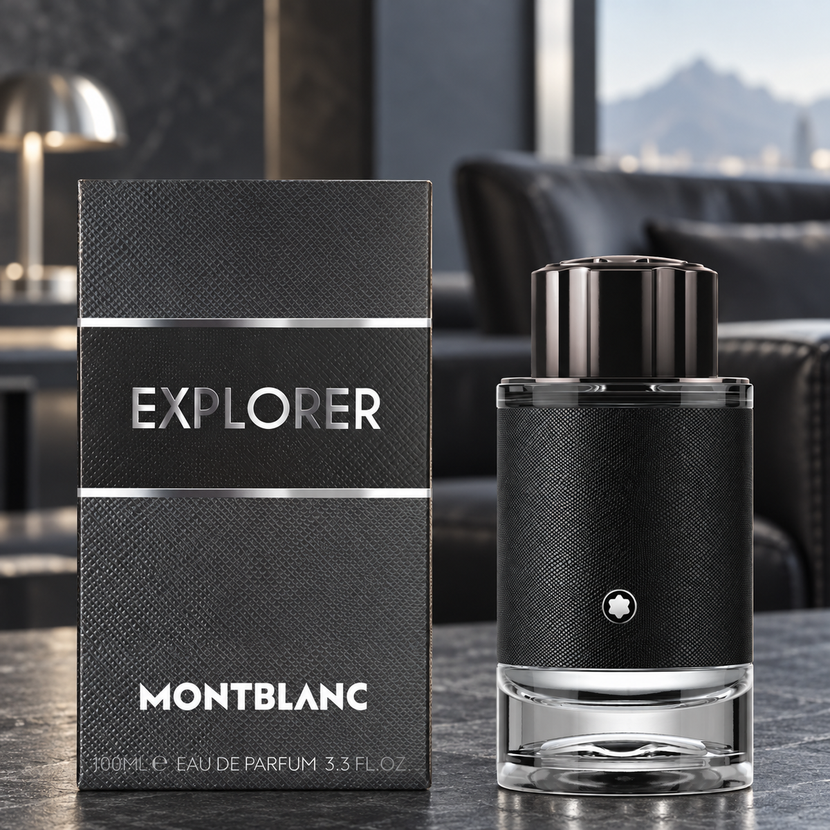 Montblanc Explorer Eau de Parfum 100ml bottle and box on a dark slate counter