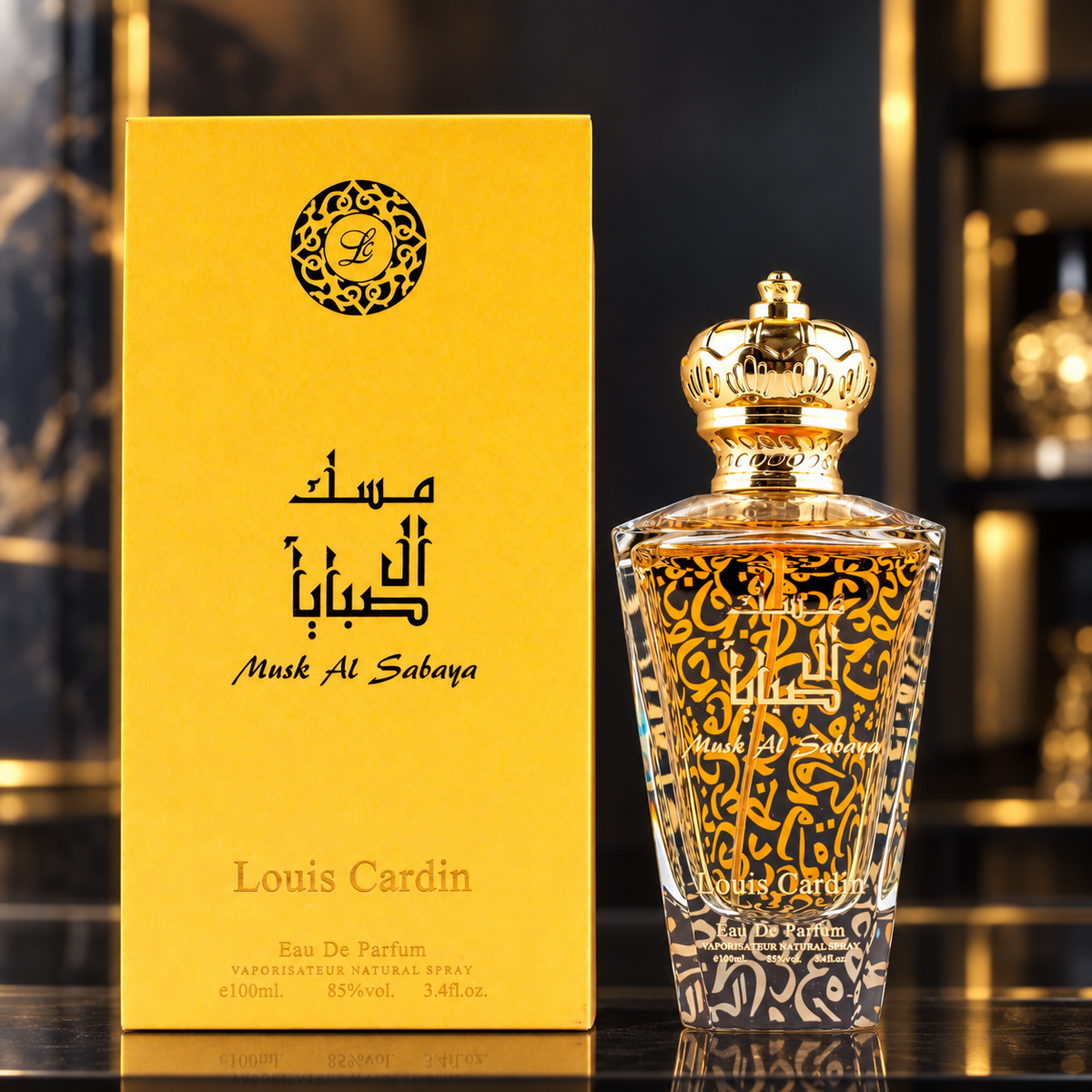 Louis Cardin Musk Al Sabaya Eau de Parfum 100ml bottle and box on dark glass