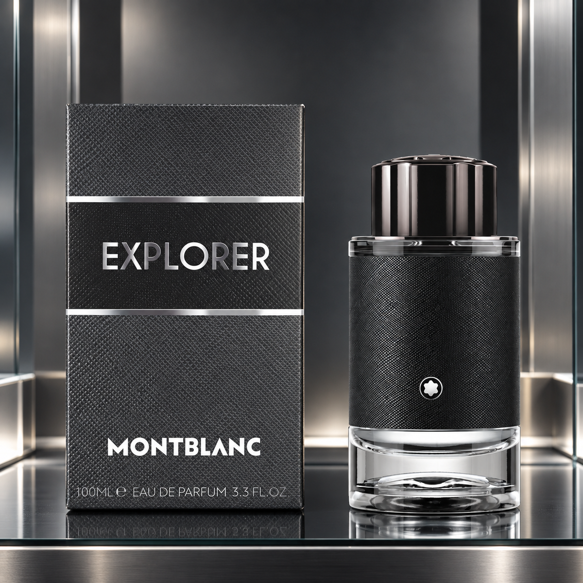 Montblanc Explorer Eau de Parfum 100ml bottle and box on a glass and steel display