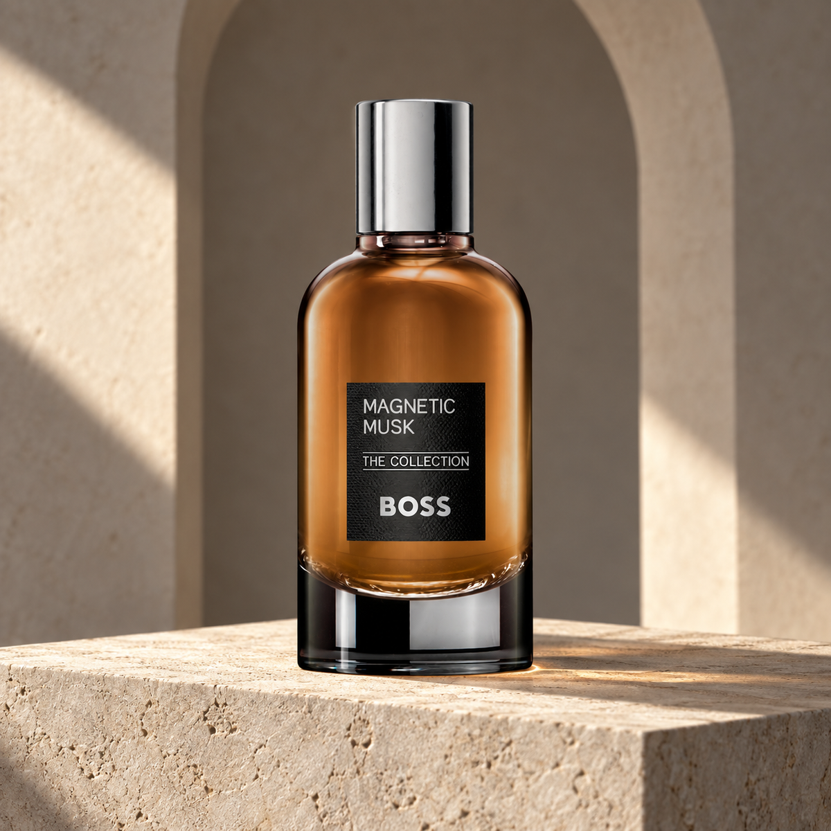 BOSS The Collection Magnetic Musk Eau de Parfum 100ml bottle in a limestone arch
