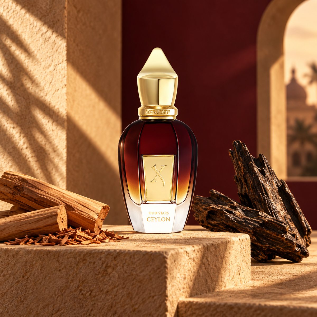 Xerjoff Oud Stars Ceylon Eau de Parfum 50ml bottle on sandstone with sandalwood and oud