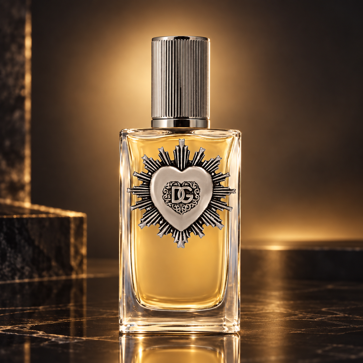 Dolce & Gabbana Devotion For Men Eau de Parfum 100ml bottle on smoked mirror with amber light