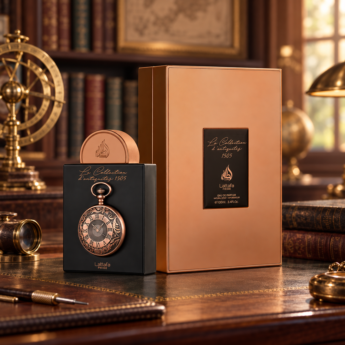 Lattafa Pride La Collection d'Antiquités 1505 Eau de Parfum 100ml bottle and box on a watchmaker's library desk